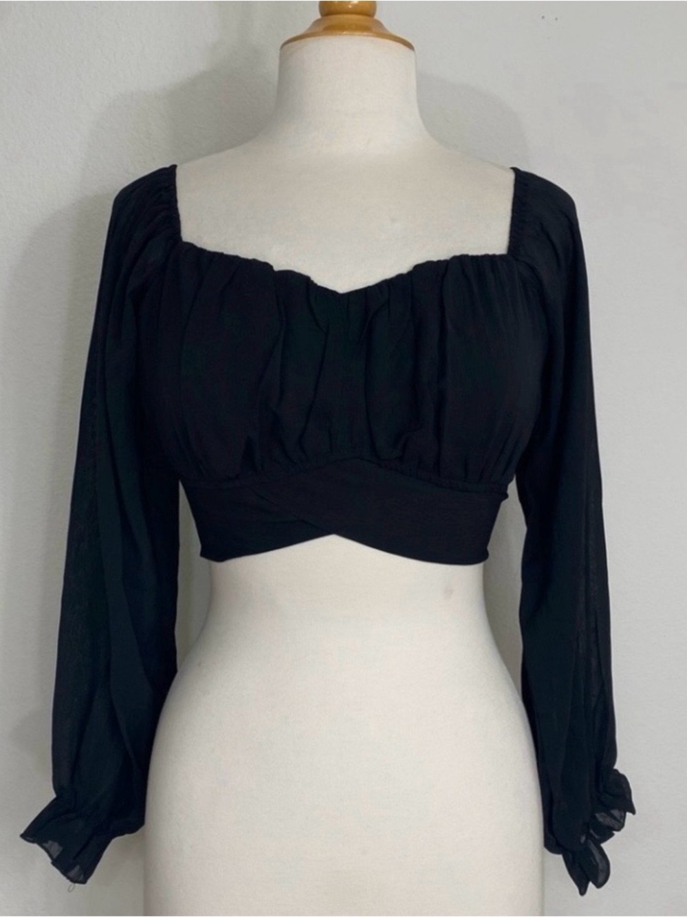 Lyaner Women's Black Puff Sleeve Sweetheart Tie Crop Peasant Blouse Boho Size M
